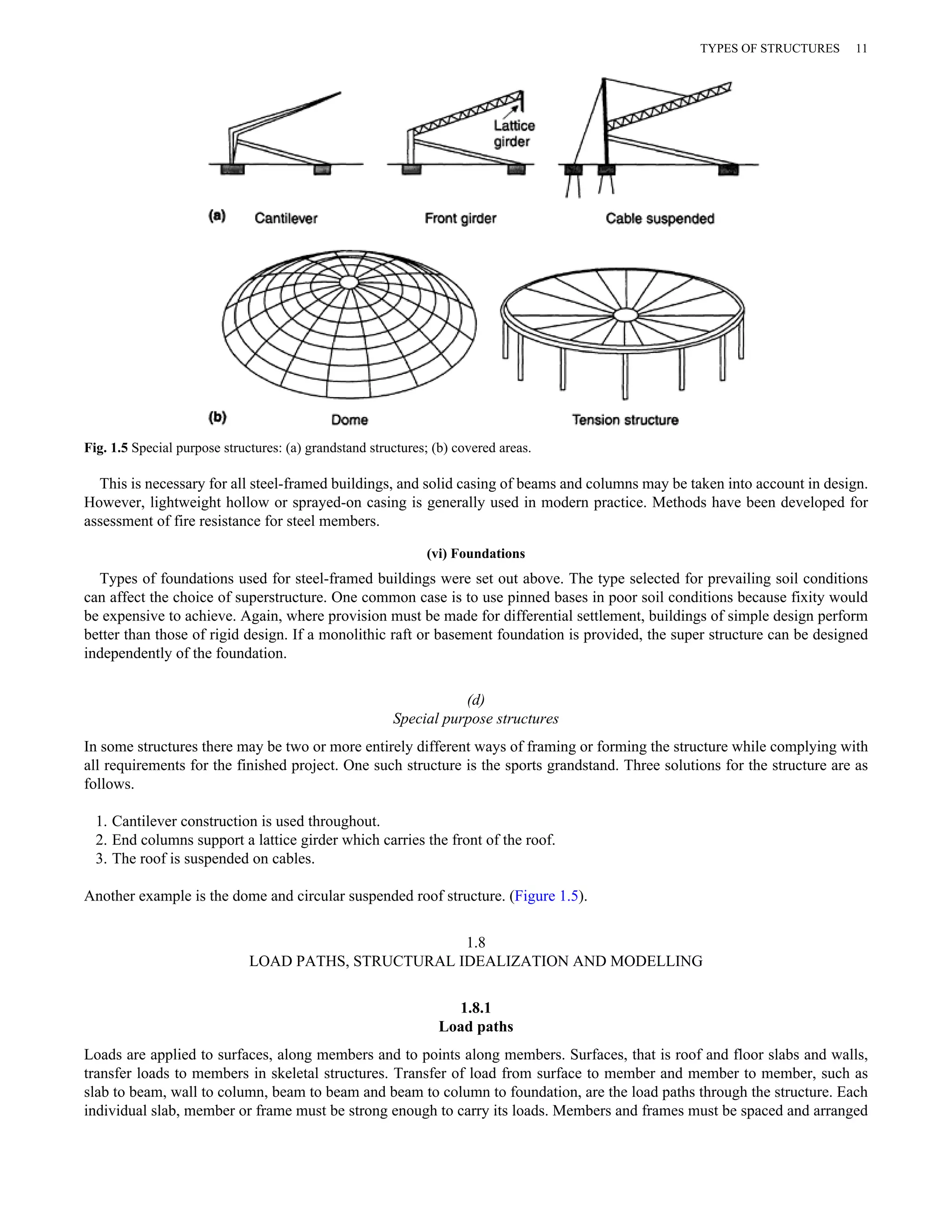 Fig. 1.5 Special purpose structures: (a) grandstand structures; (b) covered areas. 
TYPES OF STRUCTURES 11 
This is necessary for all steel-framed buildings, and solid casing of beams and columns may be taken into account in design. 
However, lightweight hollow or sprayed-on casing is generally used in modern practice. Methods have been developed for 
assessment of fire resistance for steel members. 
(vi) Foundations 
Types of foundations used for steel-framed buildings were set out above. The type selected for prevailing soil conditions 
can affect the choice of superstructure. One common case is to use pinned bases in poor soil conditions because fixity would 
be expensive to achieve. Again, where provision must be made for differential settlement, buildings of simple design perform 
better than those of rigid design. If a monolithic raft or basement foundation is provided, the super structure can be designed 
independently of the foundation. 
(d) 
Special purpose structures 
In some structures there may be two or more entirely different ways of framing or forming the structure while complying with 
all requirements for the finished project. One such structure is the sports grandstand. Three solutions for the structure are as 
follows. 
1. Cantilever construction is used throughout. 
2. End columns support a lattice girder which carries the front of the roof. 
3. The roof is suspended on cables. 
Another example is the dome and circular suspended roof structure. (Figure 1.5). 
1.8 
LOAD PATHS, STRUCTURAL IDEALIZATION AND MODELLING 
1.8.1 
Load paths 
Loads are applied to surfaces, along members and to points along members. Surfaces, that is roof and floor slabs and walls, 
transfer loads to members in skeletal structures. Transfer of load from surface to member and member to member, such as 
slab to beam, wall to column, beam to beam and beam to column to foundation, are the load paths through the structure. Each 
individual slab, member or frame must be strong enough to carry its loads. Members and frames must be spaced and arranged 
 