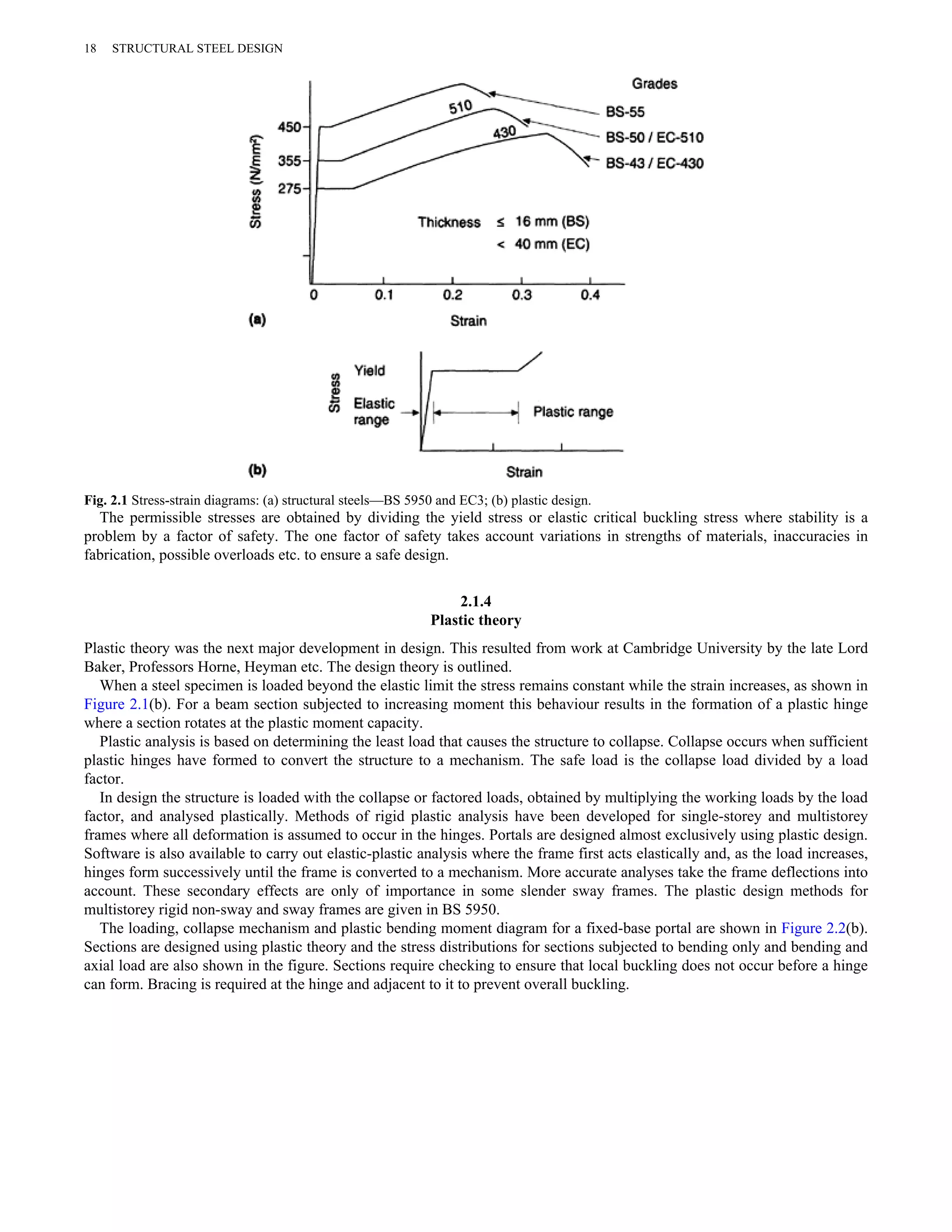 18 STRUCTURAL STEEL DESIGN 
Fig. 2.1 Stress-strain diagrams: (a) structural steels—BS 5950 and EC3; (b) plastic design. 
The permissible stresses are obtained by dividing the yield stress or elastic critical buckling stress where stability is a 
problem by a factor of safety. The one factor of safety takes account variations in strengths of materials, inaccuracies in 
fabrication, possible overloads etc. to ensure a safe design. 
2.1.4 
Plastic theory 
Plastic theory was the next major development in design. This resulted from work at Cambridge University by the late Lord 
Baker, Professors Horne, Heyman etc. The design theory is outlined. 
When a steel specimen is loaded beyond the elastic limit the stress remains constant while the strain increases, as shown in 
Figure 2.1(b). For a beam section subjected to increasing moment this behaviour results in the formation of a plastic hinge 
where a section rotates at the plastic moment capacity. 
Plastic analysis is based on determining the least load that causes the structure to collapse. Collapse occurs when sufficient 
plastic hinges have formed to convert the structure to a mechanism. The safe load is the collapse load divided by a load 
factor. 
In design the structure is loaded with the collapse or factored loads, obtained by multiplying the working loads by the load 
factor, and analysed plastically. Methods of rigid plastic analysis have been developed for single-storey and multistorey 
frames where all deformation is assumed to occur in the hinges. Portals are designed almost exclusively using plastic design. 
Software is also available to carry out elastic-plastic analysis where the frame first acts elastically and, as the load increases, 
hinges form successively until the frame is converted to a mechanism. More accurate analyses take the frame deflections into 
account. These secondary effects are only of importance in some slender sway frames. The plastic design methods for 
multistorey rigid non-sway and sway frames are given in BS 5950. 
The loading, collapse mechanism and plastic bending moment diagram for a fixed-base portal are shown in Figure 2.2(b). 
Sections are designed using plastic theory and the stress distributions for sections subjected to bending only and bending and 
axial load are also shown in the figure. Sections require checking to ensure that local buckling does not occur before a hinge 
can form. Bracing is required at the hinge and adjacent to it to prevent overall buckling. 
 