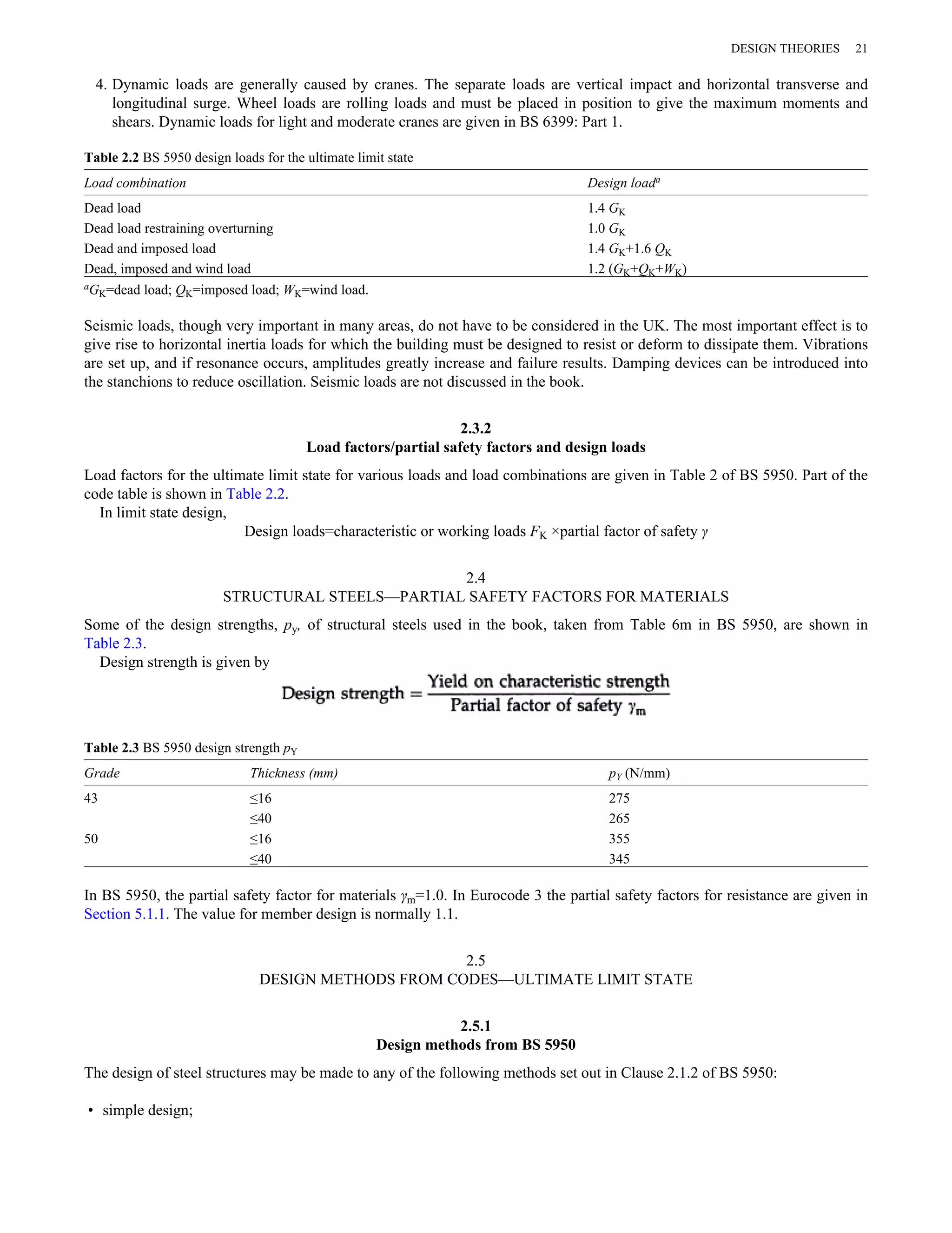 DESIGN THEORIES 21 
4. Dynamic loads are generally caused by cranes. The separate loads are vertical impact and horizontal transverse and 
longitudinal surge. Wheel loads are rolling loads and must be placed in position to give the maximum moments and 
shears. Dynamic loads for light and moderate cranes are given in BS 6399: Part 1. 
Table 2.2 BS 5950 design loads for the ultimate limit state 
Load combination Design loada 
Dead load 1.4 GK 
Dead load restraining overturning 1.0 GK 
Dead and imposed load 1.4 GK+1.6 QK 
Dead, imposed and wind load 1.2 (GK+QK+WK) 
aGK=dead load; QK=imposed load; WK=wind load. 
Seismic loads, though very important in many areas, do not have to be considered in the UK. The most important effect is to 
give rise to horizontal inertia loads for which the building must be designed to resist or deform to dissipate them. Vibrations 
are set up, and if resonance occurs, amplitudes greatly increase and failure results. Damping devices can be introduced into 
the stanchions to reduce oscillation. Seismic loads are not discussed in the book. 
2.3.2 
Load factors/partial safety factors and design loads 
Load factors for the ultimate limit state for various loads and load combinations are given in Table 2 of BS 5950. Part of the 
code table is shown in Table 2.2. 
In limit state design, 
Design loads=characteristic or working loads FK ×partial factor of safety γ 
2.4 
STRUCTURAL STEELS—PARTIAL SAFETY FACTORS FOR MATERIALS 
Some of the design strengths, py, of structural steels used in the book, taken from Table 6m in BS 5950, are shown in 
Table 2.3. 
Design strength is given by 
Table 2.3 BS 5950 design strength pY 
Grade Thickness (mm) pY (N/mm) 
43 ≤16 275 
≤40 265 
50 ≤16 355 
≤40 345 
In BS 5950, the partial safety factor for materials γm=1.0. In Eurocode 3 the partial safety factors for resistance are given in 
Section 5.1.1. The value for member design is normally 1.1. 
2.5 
DESIGN METHODS FROM CODES—ULTIMATE LIMIT STATE 
2.5.1 
Design methods from BS 5950 
The design of steel structures may be made to any of the following methods set out in Clause 2.1.2 of BS 5950: 
• simple design; 
 