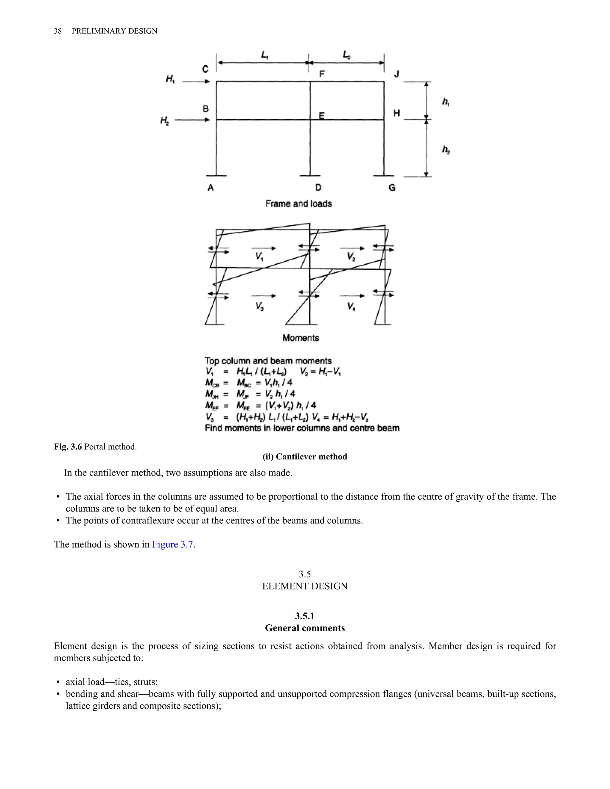 (ii) Cantilever method 
38 PRELIMINARY DESIGN 
Fig. 3.6 Portal method. 
In the cantilever method, two assumptions are also made. 
• The axial forces in the columns are assumed to be proportional to the distance from the centre of gravity of the frame. The 
columns are to be taken to be of equal area. 
• The points of contraflexure occur at the centres of the beams and columns. 
The method is shown in Figure 3.7. 
3.5 
ELEMENT DESIGN 
3.5.1 
General comments 
Element design is the process of sizing sections to resist actions obtained from analysis. Member design is required for 
members subjected to: 
• axial load—ties, struts; 
• bending and shear—beams with fully supported and unsupported compression flanges (universal beams, built-up sections, 
lattice girders and composite sections); 
 