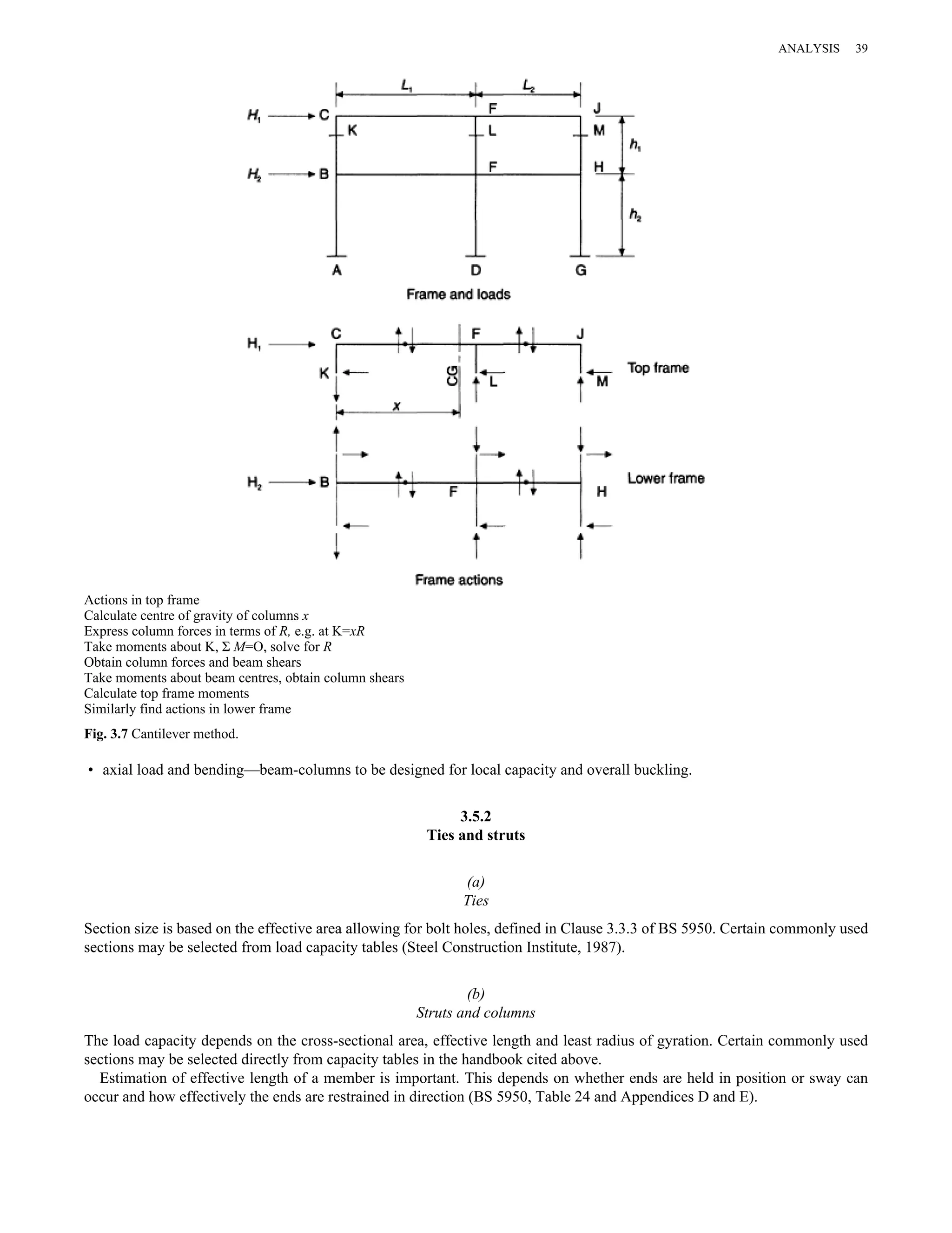 Actions in top frame 
Calculate centre of gravity of columns x 
Express column forces in terms of R, e.g. at K=xR 
Take moments about K, Σ M=O, solve for R 
Obtain column forces and beam shears 
Take moments about beam centres, obtain column shears 
Calculate top frame moments 
Similarly find actions in lower frame 
Fig. 3.7 Cantilever method. 
• axial load and bending—beam-columns to be designed for local capacity and overall buckling. 
3.5.2 
Ties and struts 
(a) 
Ties 
ANALYSIS 39 
Section size is based on the effective area allowing for bolt holes, defined in Clause 3.3.3 of BS 5950. Certain commonly used 
sections may be selected from load capacity tables (Steel Construction Institute, 1987). 
(b) 
Struts and columns 
The load capacity depends on the cross-sectional area, effective length and least radius of gyration. Certain commonly used 
sections may be selected directly from capacity tables in the handbook cited above. 
Estimation of effective length of a member is important. This depends on whether ends are held in position or sway can 
occur and how effectively the ends are restrained in direction (BS 5950, Table 24 and Appendices D and E). 
 