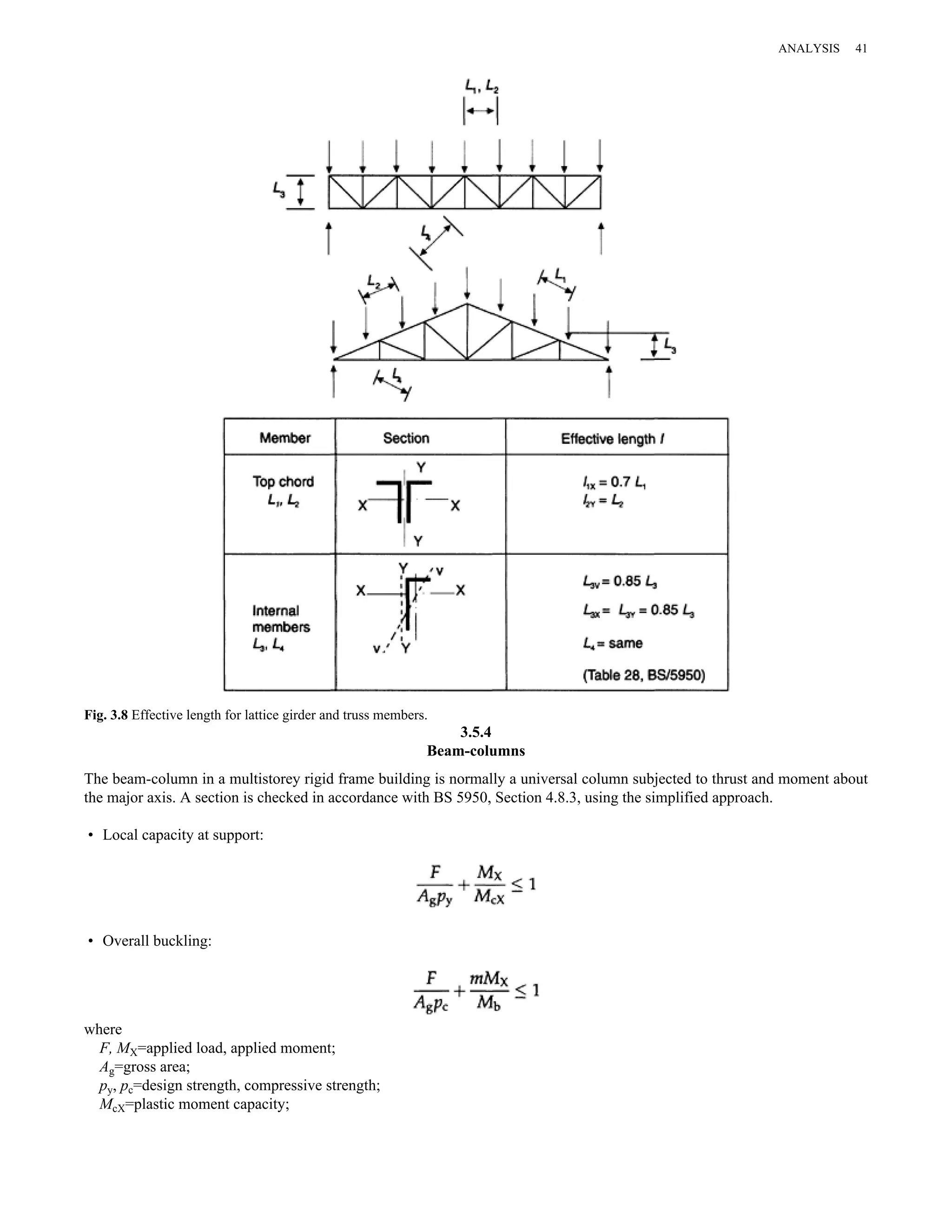 3.5.4 
Fig. 3.8 Effective length for lattice girder and truss members. 
Beam-columns 
The beam-column in a multistorey rigid frame building is normally a universal column subjected to thrust and moment about 
the major axis. A section is checked in accordance with BS 5950, Section 4.8.3, using the simplified approach. 
• Local capacity at support: 
• Overall buckling: 
where 
F, MX=applied load, applied moment; 
Ag=gross area; 
py, pc=design strength, compressive strength; 
McX=plastic moment capacity; 
ANALYSIS 41 
 