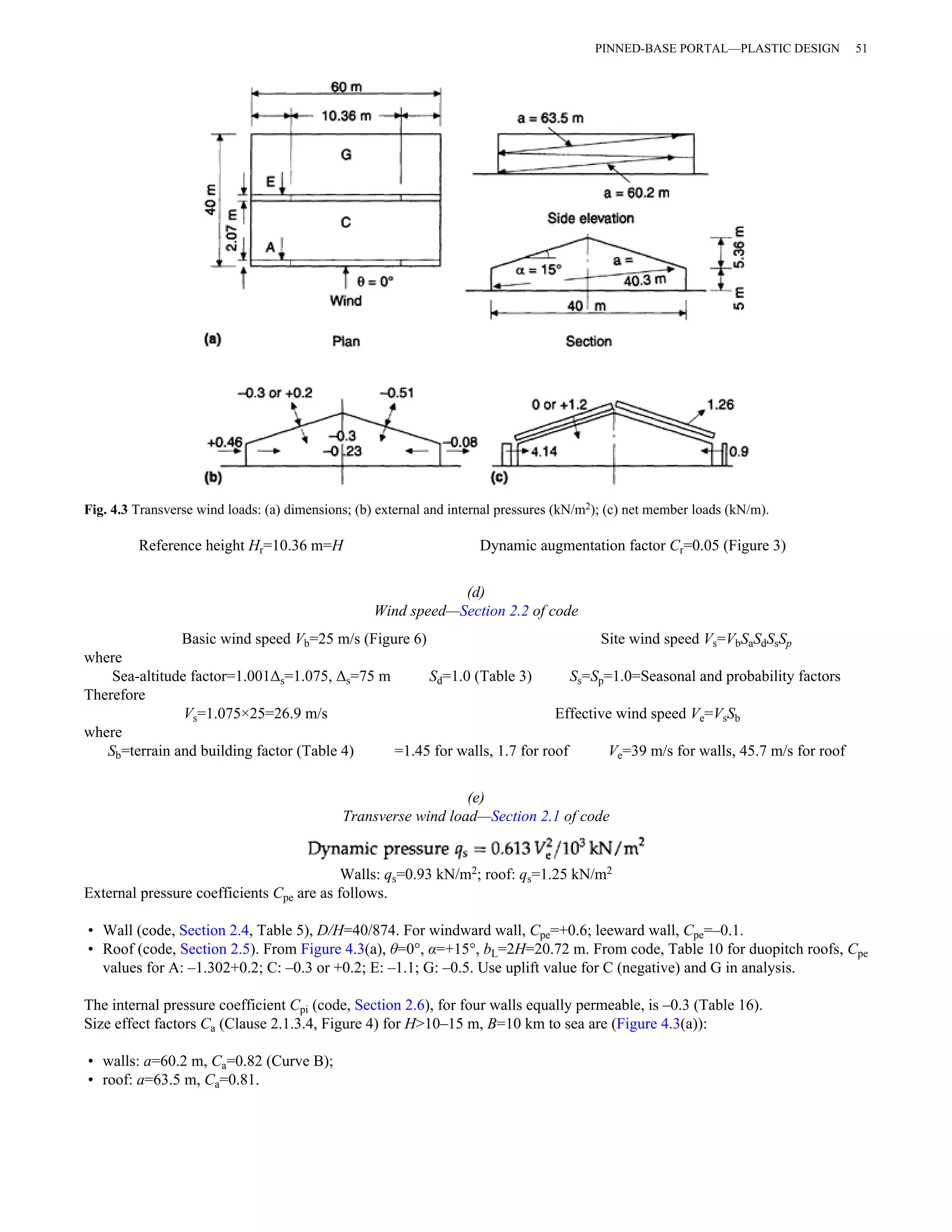 PINNED-BASE PORTAL—PLASTIC DESIGN 51 
Fig. 4.3 Transverse wind loads: (a) dimensions; (b) external and internal pressures (kN/m2); (c) net member loads (kN/m). 
Reference height Hr=10.36 m=H Dynamic augmentation factor Cr=0.05 (Figure 3) 
(d) 
Wind speed—Section 2.2 of code 
Basic wind speed Vb=25 m/s (Figure 6) Site wind speed Vs=VbSaSdSsSp 
where 
Sea-altitude factor=1.001Δs=1.075, Δs=75 m Sd=1.0 (Table 3) Ss=Sp=1.0=Seasonal and probability factors 
Therefore 
Vs=1.075×25=26.9 m/s Effective wind speed Ve=VsSb 
where 
Sb=terrain and building factor (Table 4) =1.45 for walls, 1.7 for roof Ve=39 m/s for walls, 45.7 m/s for roof 
(e) 
Transverse wind load—Section 2.1 of code 
Walls: qs=0.93 kN/m2; roof: qs=1.25 kN/m2 
External pressure coefficients Cpe are as follows. 
• Wall (code, Section 2.4, Table 5), D/H=40/874. For windward wall, Cpe=+0.6; leeward wall, Cpe=–0.1. 
• Roof (code, Section 2.5). From Figure 4.3(a), θ=0°, α=+15°, bL=2H=20.72 m. From code, Table 10 for duopitch roofs, Cpe 
values for A: –1.302+0.2; C: –0.3 or +0.2; E: –1.1; G: –0.5. Use uplift value for C (negative) and G in analysis. 
The internal pressure coefficient Cpi (code, Section 2.6), for four walls equally permeable, is –0.3 (Table 16). 
Size effect factors Ca (Clause 2.1.3.4, Figure 4) for H>10–15 m, B=10 km to sea are (Figure 4.3(a)): 
• walls: a=60.2 m, Ca=0.82 (Curve B); 
• roof: a=63.5 m, Ca=0.81. 
 