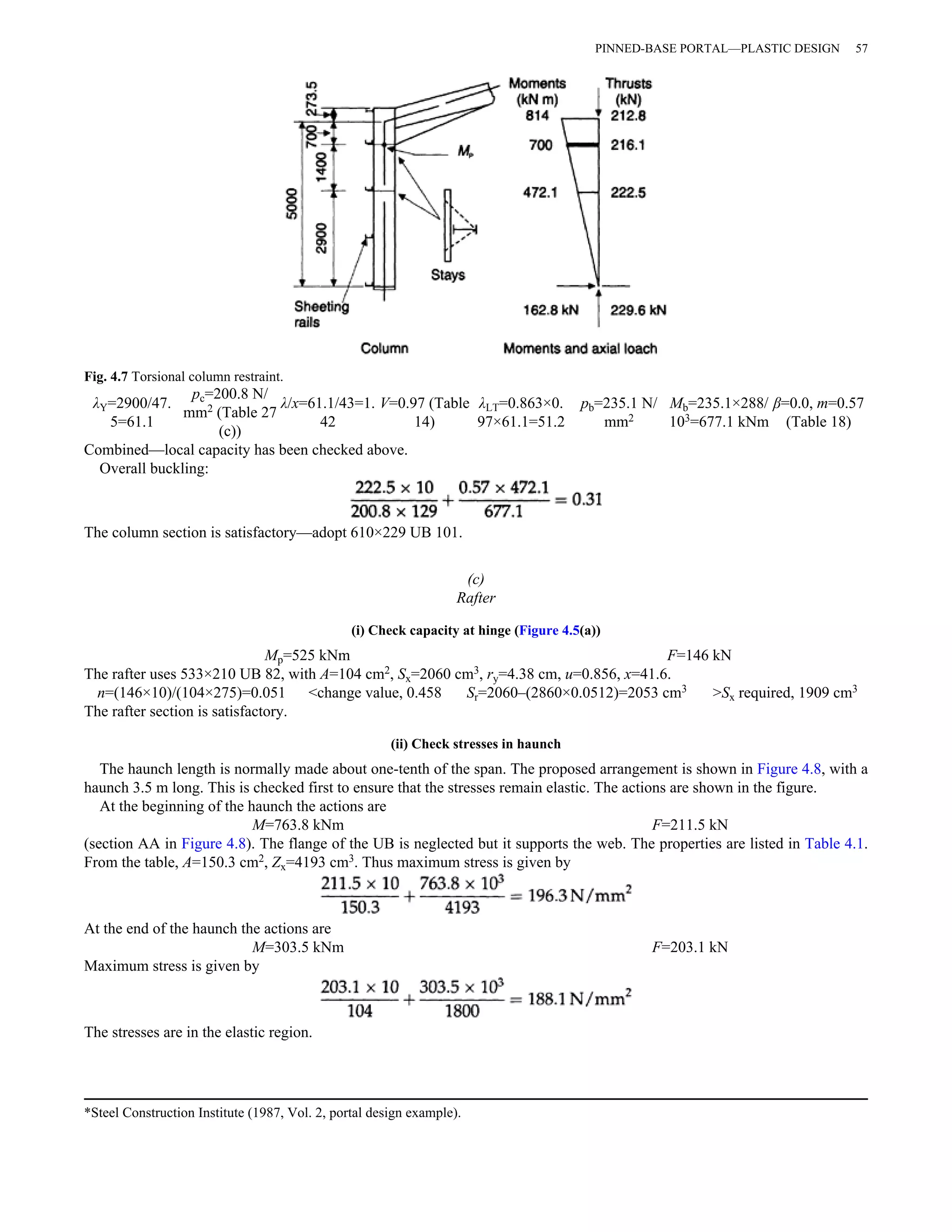 Fig. 4.7 Torsional column restraint. 
λY=2900/47. 
5=61.1 
pc=200.8 N/ 
mm2 (Table 27 
(c)) 
λ/x=61.1/43=1. 
42 
V=0.97 (Table 
14) 
λLT=0.863×0. 
97×61.1=51.2 
pb=235.1 N/ 
mm2 
Mb=235.1×288/ 
103=677.1 kNm 
β=0.0, m=0.57 
(Table 18) 
Combined—local capacity has been checked above. 
Overall buckling: 
The column section is satisfactory—adopt 610×229 UB 101. 
(c) 
Rafter 
(i) Check capacity at hinge (Figure 4.5(a)) 
Mp=525 kNm F=146 kN 
The rafter uses 533×210 UB 82, with A=104 cm2, Sx=2060 cm3, ry=4.38 cm, u=0.856, x=41.6. 
n=(146×10)/(104×275)=0.051 <change value, 0.458 Sr=2060–(2860×0.0512)=2053 cm3 >Sx required, 1909 cm3 
The rafter section is satisfactory. 
(ii) Check stresses in haunch 
The haunch length is normally made about one-tenth of the span. The proposed arrangement is shown in Figure 4.8, with a 
haunch 3.5 m long. This is checked first to ensure that the stresses remain elastic. The actions are shown in the figure. 
At the beginning of the haunch the actions are 
M=763.8 kNm F=211.5 kN 
(section AA in Figure 4.8). The flange of the UB is neglected but it supports the web. The properties are listed in Table 4.1. 
From the table, A=150.3 cm2, Zx=4193 cm3. Thus maximum stress is given by 
At the end of the haunch the actions are 
M=303.5 kNm F=203.1 kN 
Maximum stress is given by 
The stresses are in the elastic region. 
*Steel Construction Institute (1987, Vol. 2, portal design example). 
PINNED-BASE PORTAL—PLASTIC DESIGN 57 
 