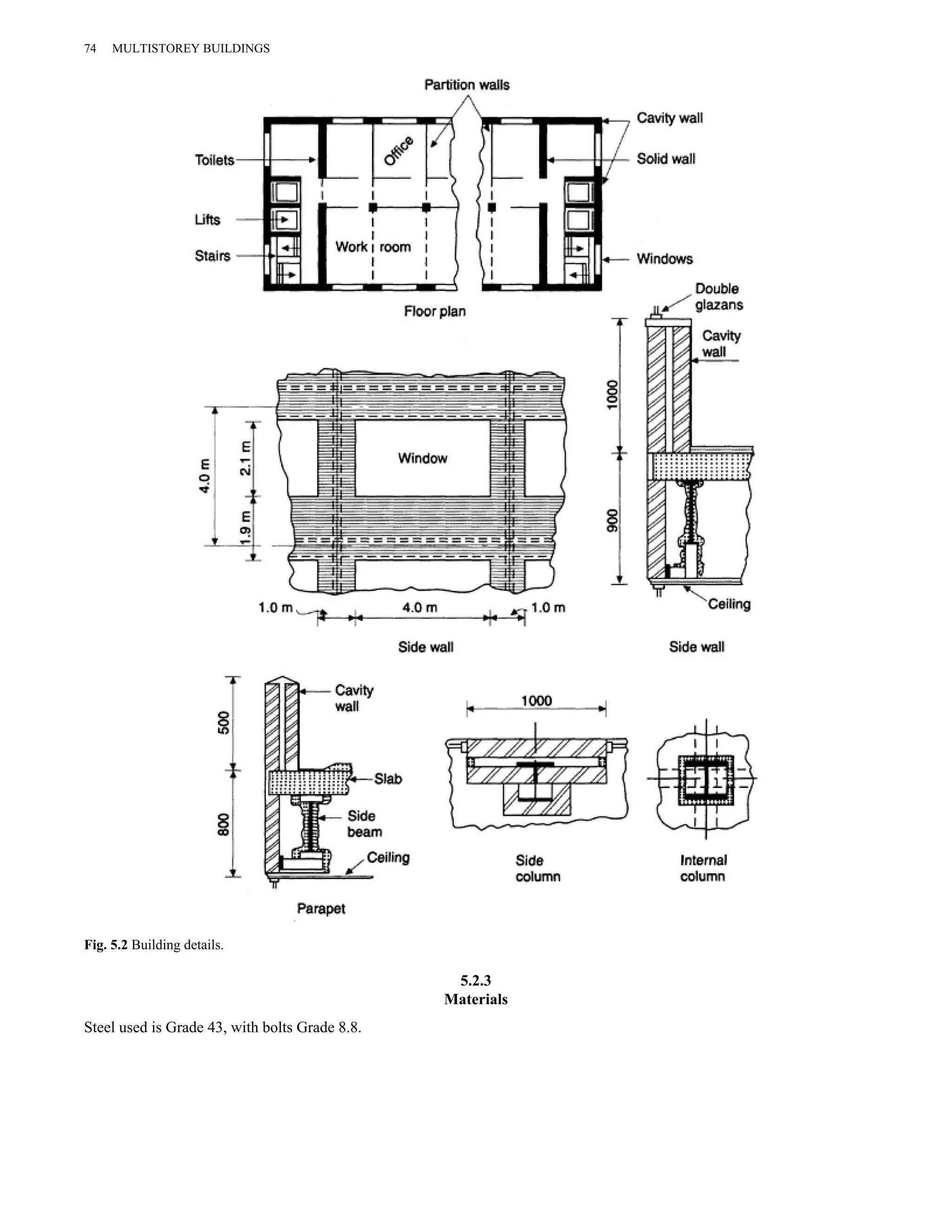 5.2.3 
Materials 
74 MULTISTOREY BUILDINGS 
Fig. 5.2 Building details. 
Steel used is Grade 43, with bolts Grade 8.8. 
 