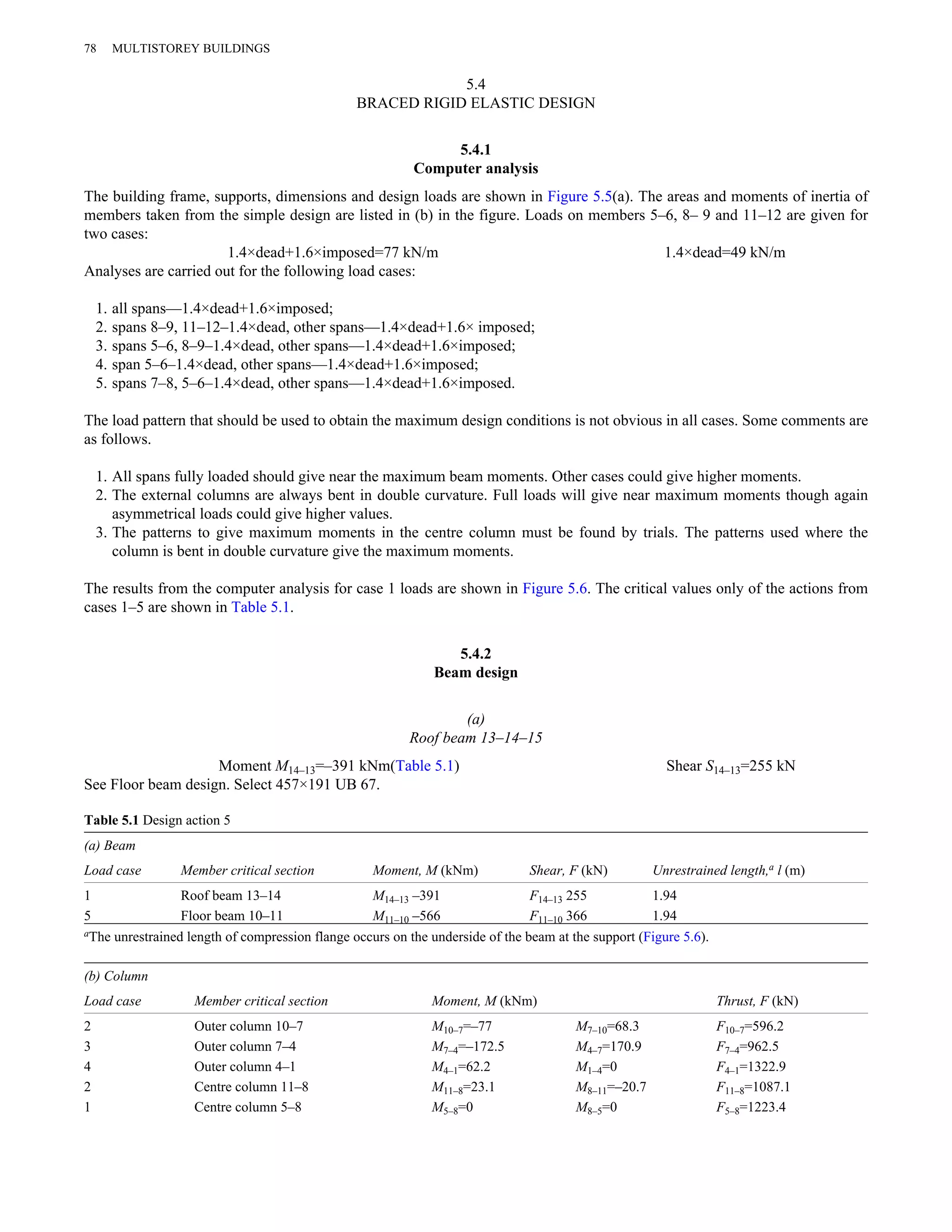 5.4 
BRACED RIGID ELASTIC DESIGN 
5.4.1 
Computer analysis 
78 MULTISTOREY BUILDINGS 
The building frame, supports, dimensions and design loads are shown in Figure 5.5(a). The areas and moments of inertia of 
members taken from the simple design are listed in (b) in the figure. Loads on members 5–6, 8– 9 and 11–12 are given for 
two cases: 
1.4×dead+1.6×imposed=77 kN/m 1.4×dead=49 kN/m 
Analyses are carried out for the following load cases: 
1. all spans—1.4×dead+1.6×imposed; 
2. spans 8–9, 11–12–1.4×dead, other spans—1.4×dead+1.6× imposed; 
3. spans 5–6, 8–9–1.4×dead, other spans—1.4×dead+1.6×imposed; 
4. span 5–6–1.4×dead, other spans—1.4×dead+1.6×imposed; 
5. spans 7–8, 5–6–1.4×dead, other spans—1.4×dead+1.6×imposed. 
The load pattern that should be used to obtain the maximum design conditions is not obvious in all cases. Some comments are 
as follows. 
1. All spans fully loaded should give near the maximum beam moments. Other cases could give higher moments. 
2. The external columns are always bent in double curvature. Full loads will give near maximum moments though again 
asymmetrical loads could give higher values. 
3. The patterns to give maximum moments in the centre column must be found by trials. The patterns used where the 
column is bent in double curvature give the maximum moments. 
The results from the computer analysis for case 1 loads are shown in Figure 5.6. The critical values only of the actions from 
cases 1–5 are shown in Table 5.1. 
5.4.2 
Beam design 
(a) 
Roof beam 13–14–15 
Moment M14–13=–391 kNm(Table 5.1) Shear S14–13=255 kN 
See Floor beam design. Select 457×191 UB 67. 
Table 5.1 Design action 5 
(a) Beam 
Load case Member critical section Moment, M (kNm) Shear, F (kN) Unrestrained length,a l (m) 
1 Roof beam 13–14 M14–13 –391 F14–13 255 1.94 
5 Floor beam 10–11 M11–10 –566 F11–10 366 1.94 
aThe unrestrained length of compression flange occurs on the underside of the beam at the support (Figure 5.6). 
(b) Column 
Load case Member critical section Moment, M (kNm) Thrust, F (kN) 
2 Outer column 10–7 M10–7=–77 M7–10=68.3 F10–7=596.2 
3 Outer column 7–4 M7–4=–172.5 M4–7=170.9 F7–4=962.5 
4 Outer column 4–1 M4–1=62.2 M1–4=0 F4–1=1322.9 
2 Centre column 11–8 M11–8=23.1 M8–11=–20.7 F11–8=1087.1 
1 Centre column 5–8 M5–8=0 M8–5=0 F5–8=1223.4 
 