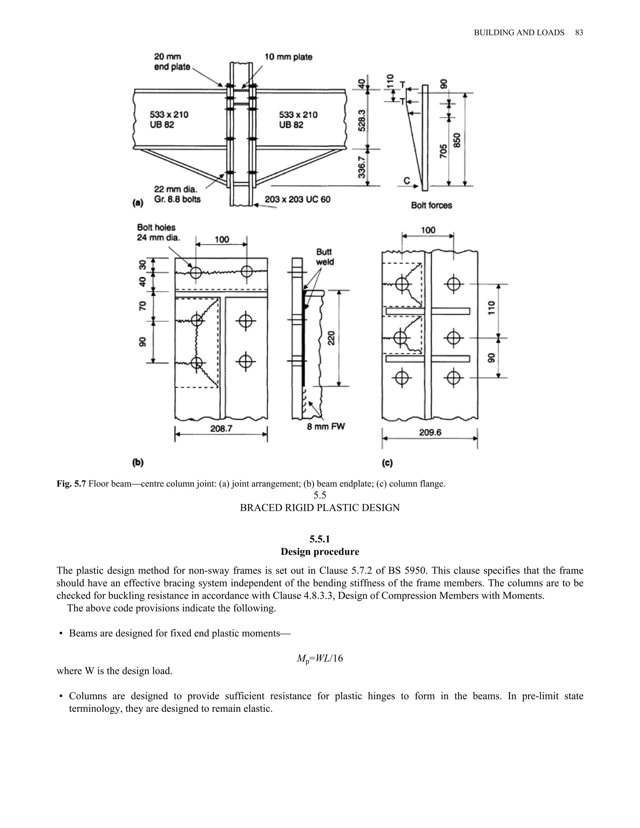 Fig. 5.7 Floor beam—centre column joint: (a) joint arrangement; (b) beam endplate; (c) column flange. 
5.5 
BRACED RIGID PLASTIC DESIGN 
5.5.1 
Design procedure 
BUILDING AND LOADS 83 
The plastic design method for non-sway frames is set out in Clause 5.7.2 of BS 5950. This clause specifies that the frame 
should have an effective bracing system independent of the bending stiffness of the frame members. The columns are to be 
checked for buckling resistance in accordance with Clause 4.8.3.3, Design of Compression Members with Moments. 
The above code provisions indicate the following. 
• Beams are designed for fixed end plastic moments— 
Mp=WL/16 
where W is the design load. 
• Columns are designed to provide sufficient resistance for plastic hinges to form in the beams. In pre-limit state 
terminology, they are designed to remain elastic. 
 
