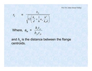 Prof. Dr. Zahid Ahmad Siddiqi
rt =
÷÷
ø
ö
çç
è
æ
+
dh
h
a
d
h
b
o
w
o
fc
2
6
1
12
Where, aw =
fcfc
wc
tb
th
and ho is the distance between the flange
centroids.
 