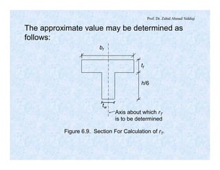 Prof. Dr. Zahid Ahmad Siddiqi
The approximate value may be determined as
follows:
bf
tf
h/6
tw
Axis about which rT
is to be determined
Figure 6.9. Section For Calculation of rT.
 
