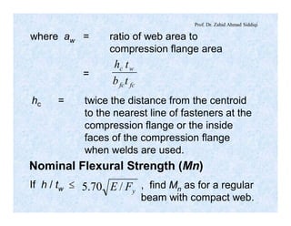 Prof. Dr. Zahid Ahmad Siddiqi
where aw = ratio of web area to
compression flange area
=
fcfc
wc
tb
th
hc = twice the distance from the centroid
to the nearest line of fasteners at the
compression flange or the inside
faces of the compression flange
when welds are used.
Nominal Flexural Strength (Mn)
If h / tw £
yFE /70.5 , find Mn as for a regular
beam with compact web.
 
