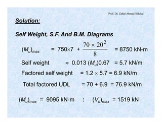Prof. Dr. Zahid Ahmad Siddiqi
Solution:
Self Weight, S.F. And B.M. Diagrams
(Mu)max = 750´7 +
8
2070 2
´
= 8750 kN-m
Self weight » 0.013 (Mu)0.67 = 5.7 kN/m
Factored self weight = 1.2 ´ 5.7 = 6.9 kN/m
Total factored UDL = 70 + 6.9 = 76.9 kN/m
(Mu)max = 9095 kN-m : (Vu)max = 1519 kN
 
