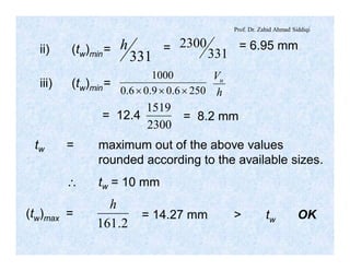 Prof. Dr. Zahid Ahmad Siddiqi
331
h
331
2300ii) (tw)min= = = 6.95 mm
2506.09.06.0
1000
´´´ h
Vu
2300
1519
iii) (tw)min=
= 12.4 = 8.2 mm
tw = maximum out of the above values
rounded according to the available sizes.
 tw = 10 mm
(tw)max =
2.161
h
= 14.27 mm > tw OK
 