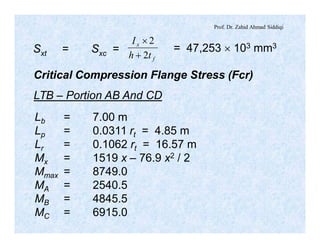 Prof. Dr. Zahid Ahmad Siddiqi
Sxt = Sxc =
f
x
th
I
2
2
+
´
= 47,253 ´ 103 mm3
Critical Compression Flange Stress (Fcr)
LTB – Portion AB And CD
Lb = 7.00 m
Lp = 0.0311 rt = 4.85 m
Lr = 0.1062 rt = 16.57 m
Mx = 1519 x – 76.9 x2 / 2
Mmax = 8749.0
MA = 2540.5
MB = 4845.5
MC = 6915.0
 