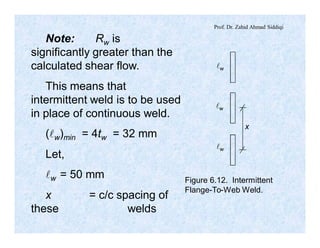 Prof. Dr. Zahid Ahmad Siddiqi
lw
lw
lw
x
Figure 6.12. Intermittent
Flange-To-Web Weld.
Note: Rw is
significantly greater than the
calculated shear flow.
This means that
intermittent weld is to be used
in place of continuous weld.
(lw)min = 4tw = 32 mm
Let,
lw = 50 mm
x = c/c spacing of
these welds
 