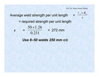 Prof. Dr. Zahid Ahmad Siddiqi
Average weld strength per unit length =
x
Rww ´l
= required strength per unit length
x =
231.0
26.150´
= 272 mm
Use 8´50 welds 250 mm c/c
 