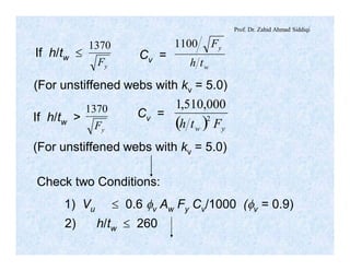 Prof. Dr. Zahid Ahmad Siddiqi
yF
1370
w
y
th
F1100
If h/tw £ Cv =
(For unstiffened webs with kv = 5.0)
yF
1370
( ) yw Fth
2
000,510,1
If h/tw > Cv =
(For unstiffened webs with kv = 5.0)
Check two Conditions:
1) Vu £ 0.6 fv Aw Fy Cv/1000 (fv = 0.9)
2) h/tw £ 260
 