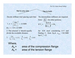 Prof. Dr. Zahid Ahmad Siddiqi
Not to any one Yes to both
2
260
ú
û
ù
ê
ë
é
wth
( ) w
w
ht
th
´2
4.815
0.6,0.6,5.2
2
£££
+ ftfcftfc
w
b
h
b
h
AA
A
A
1. a £ If Vu £
3.
Decide stiffener trial spacing such that: No intermediate stiffeners are required.
´ h/1000
& a £ 3.0 ´ h/1000
Goto for other portions.
2. The selected ‘a’ should equally
divide the available distance.
for A36 steel considering k=5 and
finding Cv from Eq.4, amax =3h/1000
but Cv¢ = 0.
Where,
Afc= area of the compression flange
Aft = area of the tension flange
 