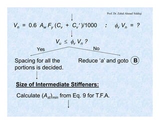 Prof. Dr. Zahid Ahmad Siddiqi
Vn = 0.6 Aw Fy (Cv + Cv¢ )/1000 : fv Vn = ?
Vu £ fv Vn ?
Yes No
Spacing for all the
portions is decided.
Reduce ‘a’ and goto B
Size of Intermediate Stiffeners:
Calculate (Ast)min from Eq. 9 for T.F.A.
 