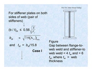 Prof. Dr. Zahid Ahmad Siddiqi
Figure
Gap between flange-to-
web weld and stiffener-to
web weld < 4 tw and > 6
tw, where tw = web
thickness
For stiffener plates on both
sides of web (pair of
stiffeners)
(b / t)st ≤ 0.56
yF
E
bst » ( )7 9. min.
Ast
and tst = bst/15.8
Case I
 