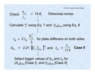 Prof. Dr. Zahid Ahmad Siddiqi
Check
b
t
st
st
£ 15.8, Otherwise revise.
Calculate “j” using Eq. 7 and (Ist)min using Eq. 8
Ist » 2 tst
3
3
stb
for plate stiffeners on both sides
( )[ ]41
.minstI
8.15
stb
bst = 2.21 and tst = Case II
Select bigger values of bst and tst for
(Ast)min [Case I] and (Ist)min [Case II]
 