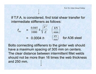 Prof. Dr. Zahid Ahmad Siddiqi
If T.F.A. is considered, find total shear transfer for
intermediate stiffeners as follows:
fnv = ÷
ø
ö
ç
è
æ
mm
kN
1000
045.0
3
E
F
h
y
= 0.0004 h
kN
mm
æ
è
ç
ö
ø
÷ for A36 steel
Bolts connecting stiffeners to the girder web should
have a maximum spacing of 305 mm on centers.
The clear distance between intermittent fillet welds
should not be more than 16 times the web thickness
and 250 mm.
 