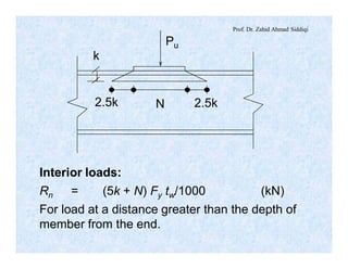 Prof. Dr. Zahid Ahmad Siddiqi
2.5k 2.5kN
Pu
k
Interior loads:
Rn = (5k + N) Fy tw/1000 (kN)
For load at a distance greater than the depth of
member from the end.
 