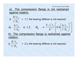Prof. Dr. Zahid Ahmad Siddiqi
f
w
b
th
/
/
l
f
w
b
th
/
/
l ú
ú
û
ù
ê
ê
ë
é
÷
÷
ø
ö
ç
ç
è
æ
3
2
3
/
/
4.0
f
wfwr
b
th
h
ttC
l
f
w
b
th
/
/
l
a) The compression flange is not restrained
against rotation.
i) > 1.7, the bearing stiffener is not required.
ii) ≤ 1.7, Rn =
b) The compression flange is restrained against
rotation.
i) > 2.3, the bearing stiffener is not required.
 