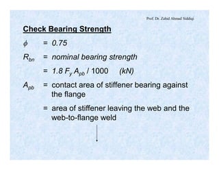 Prof. Dr. Zahid Ahmad Siddiqi
Check Bearing Strength
f = 0.75
Rbn = nominal bearing strength
= 1.8 Fy Apb / 1000 (kN)
Apb = contact area of stiffener bearing against
the flange
= area of stiffener leaving the web and the
web-to-flange weld
 