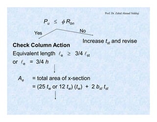 Prof. Dr. Zahid Ahmad Siddiqi
Yes No
Pu £ f Rbn
Increase tst and revise
Check Column Action
Equivalent length le ³ 3/4 lst
or le = 3/4 h
Ae = total area of x-section
= (25 tw or 12 tw) (tw) + 2 bst tst
 