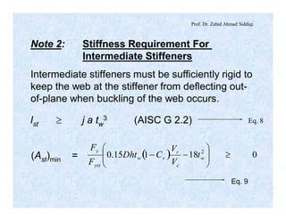Prof. Dr. Zahid Ahmad Siddiqi
Note 2: Stiffness Requirement For
Intermediate Stiffeners
Intermediate stiffeners must be sufficiently rigid to
keep the web at the stiffener from deflecting out-
of-plane when buckling of the web occurs.
Eq. 8Ist ³ j a tw
3 (AISC G 2.2)
( ) 018115.0 2
³÷÷
ø
ö
çç
è
æ
-- w
c
r
vw
yst
y
t
V
V
CthD
F
F
(Ast)min =
Eq. 9
 