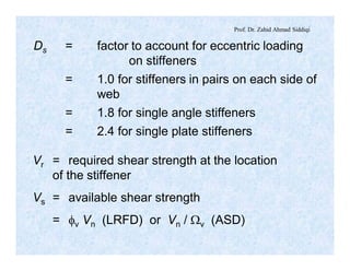 Prof. Dr. Zahid Ahmad Siddiqi
Ds = factor to account for eccentric loading
on stiffeners
= 1.0 for stiffeners in pairs on each side of
web
= 1.8 for single angle stiffeners
= 2.4 for single plate stiffeners
Vr = required shear strength at the location
of the stiffener
Vs = available shear strength
= fv Vn (LRFD) or Vn / Wv (ASD)
 