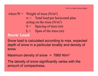Prof. Dr. Zahid Ahmad Siddiqi
whereW = Weight of truss (N/m2)
w = Total load per horizontal plan
acting on the truss (N/m2)
S = Spacing of truss (m)
L = Span of the truss (m)
Snow Load
Snow load is calculated according to max. expected
depth of snow in a particular locality and density of
snow.
Maximum density of snow = 7860 N/m3
The density of snow significantly varies with the
amount of compactness.
 