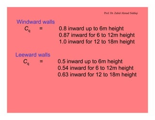 Prof. Dr. Zahid Ahmad Siddiqi
Windward walls
Cq = 0.8 inward up to 6m height
0.87 inward for 6 to 12m height
1.0 inward for 12 to 18m height
Leeward walls
Cq = 0.5 inward up to 6m height
0.54 inward for 6 to 12m height
0.63 inward for 12 to 18m height
 