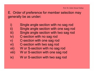 Prof. Dr. Zahid Ahmad Siddiqi
E. Order of preference for member selection may
generally be as under:
i) Single angle section with no sag rod
ii) Single angle section with one sag rod
iii) Single angle section with two sag rod
iv) C-section with no sag rod
v) C-section with one sag rod
vi) C-section with two sag rod
vii) W or S-section with no sag rod
viii) W or S-section with one sag rod
ix) W or S-section with two sag rod
 