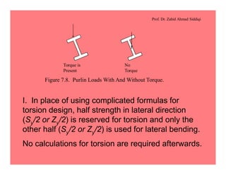 Prof. Dr. Zahid Ahmad Siddiqi
Torque is
Present
No
Torque
Figure 7.8. Purlin Loads With And Without Torque.
I. In place of using complicated formulas for
torsion design, half strength in lateral direction
(Sy/2 or Zy/2) is reserved for torsion and only the
other half (Sy/2 or Zy/2) is used for lateral bending.
No calculations for torsion are required afterwards.
 