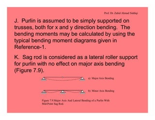 Prof. Dr. Zahid Ahmad Siddiqi
J. Purlin is assumed to be simply supported on
trusses, both for x and y direction bending. The
bending moments may be calculated by using the
typical bending moment diagrams given in
Reference-1.
K. Sag rod is considered as a lateral roller support
for purlin with no effect on major axis bending
(Figure 7.9).
a) Major Axis Bending
b) Minor Axis Bending
Figure 7.9.Major Axis And Lateral Bending of a Purlin With
Mid-Point Sag Rod.
 