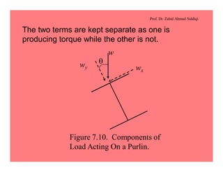 Prof. Dr. Zahid Ahmad Siddiqi
wx
wy
q
w
Figure 7.10. Components of
Load Acting On a Purlin.
The two terms are kept separate as one is
producing torque while the other is not.
 
