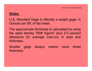 Prof. Dr. Zahid Ahmad Siddiqi
Notes:
U.S. Standard Gage is officially a weight gage, in
Ounces per Sft. of flat sheet.
The approximate thickness is calculated by using
the steel density 7846 Kgs/m3 plus 2.5 percent
allowance for average over-run in area and
thickness.
Smaller gage always means more sheet
thickness.
 