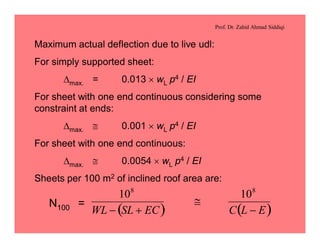 Prof. Dr. Zahid Ahmad Siddiqi
Maximum actual deflection due to live udl:
For simply supported sheet:
Dmax. = 0.013 ´ wL p4 / EI
For sheet with one end continuous considering some
constraint at ends:
Dmax. @ 0.001 ´ wL p4 / EI
For sheet with one end continuous:
Dmax. @ 0.0054 ´ wL p4 / EI
Sheets per 100 m2 of inclined roof area are:
N100 =
( ) ( )ELCECSLWL -
@
+-
88
1010
 