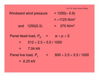 Prof. Dr. Zahid Ahmad Siddiqi
Windward wind pressure = 1250(– 0.9)
= –1125 N/m2
and 1250(0.3) = 375 N/m2
Panel dead load, PD = w ´ p ´ S
= 512 ´ 2.5 ´ 5.5 / 1000
= 7.04 kN
Panel live load, PL = 600 ´ 2.5 ´ 5.5 / 1000
= 8.25 kN
 