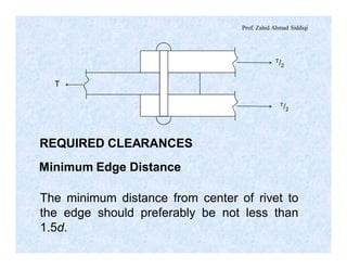 Prof. Zahid Ahmad Siddiqi
T/2
T/2
T
REQUIRED CLEARANCES
Minimum Edge Distance
The minimum distance from center of rivet to
the edge should preferably be not less than
1.5d.
 