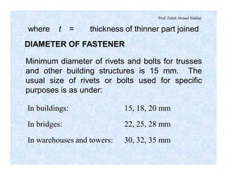 Prof. Zahid Ahmad Siddiqi
where t = thickness of thinner part joined
DIAMETER OF FASTENER
Minimum diameter of rivets and bolts for trusses
and other building structures is 15 mm. The
usual size of rivets or bolts used for specific
purposes is as under:
In buildings: 15, 18, 20 mm
In bridges: 22, 25, 28 mm
In warehouses and towers: 30, 32, 35 mm
 