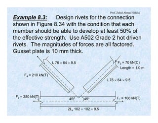 Prof. Zahid Ahmad Siddiqi
Example 8.3: Design rivets for the connection
shown in Figure 8.34 with the condition that each
member should be able to develop at least 50% of
the effective strength. Use A502 Grade 2 hot driven
rivets. The magnitudes of forces are all factored.
Gusset plate is 10 mm thick.
45°45°
L 76 ´ 64 ´ 9.5
L 76 ´ 64 ´ 9.5
2Ls 102 ´ 102 ´ 9.5
F2 = 350 kN(T) F1 = 168 kN(T)
F3 = 70 kN(C)
Length = 1.0 m
F4 = 210 kN(T)
 