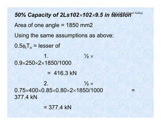 Prof. Zahid Ahmad Siddiqi
50% Capacity of 2Ls102´102´9.5 in tension
Area of one angle = 1850 mm2
Using the same assumptions as above:
0.5ftTn = lesser of
1. ½ ´
0.9´250´2´1850/1000
= 416.3 kN
2. ½ ´
0.75´400´0.85´0.80´2´1850/1000 =
377.4 kN
= 377.4 kN
 