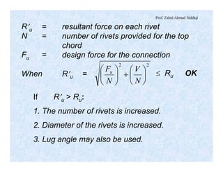 Prof. Zahid Ahmad Siddiqi
R¢u = resultant force on each rivet
N = number of rivets provided for the top
chord
Fu = design force for the connection
When R¢u =
22
÷
ø
ö
ç
è
æ
+÷
ø
ö
ç
è
æ
N
V
N
Fu
If R¢u > Ru:
1. The number of rivets is increased.
2. Diameter of the rivets is increased.
3. Lug angle may also be used.
£ Ru OK
 