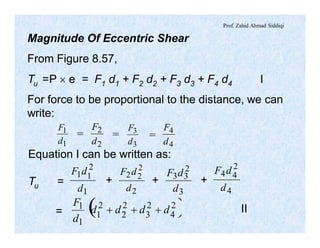 Prof. Zahid Ahmad Siddiqi
1
1
d
F
2
2
d
F
3
3
d
F
4
4
d
F
Magnitude Of Eccentric Shear
From Figure 8.57,
Tu =P ´ e = F1 d1 + F2 d2 + F3 d3 + F4 d4 I
For force to be proportional to the distance, we can
write:
= = =
1
2
11
d
dF
2
2
22
d
dF
3
2
33
d
dF
4
2
44
d
dF
Equation I can be written as:
Tu = +++
= ( )2
4
2
3
2
2
2
1
1
1 dddd
d
F
+++ II
 