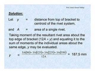 Prof. Zahid Ahmad Siddiqi
Solution:
Let y = distance from top of bracket to
centroid of the rivet system,
and A = area of a single rivet.
Taking moment of the resultant rivet area about the
top edge of bracket (12A ´ y) and equating it to the
sum of moments of the individual areas about the
same edge, y may be evaluated.
y =
( ) ( ) ( ) ( )
A12
350A3225A3125A350A3 +++
= 187.5 mm
 
