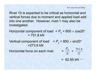 Prof. Zahid Ahmad Siddiqi
N
Px
12
8.751
Rivet 10 is expected to be critical as horizontal and
vertical forces due to moment and applied load add
into one another. However, rivet-1 may also be
investigated.
Horizontal component of load = Px = 800 ´ cos20°
= 751.8 kN
Vertical component of load = Py = 800 ´ sin20°
=273.6 kN
Horizontal force on each rivet = =
= 62.65 kN
 