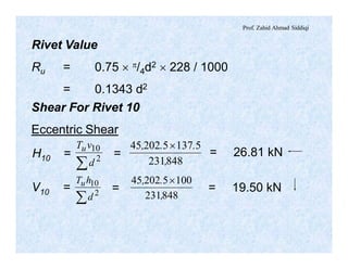 Prof. Zahid Ahmad Siddiqi
Rivet Value
Ru = 0.75 ´ p/4d2 ´ 228 / 1000
= 0.1343 d2
å 2
10
d
vTu
848231
5137520245
,
.., ´
å 2
10
d
hTu
848231
100520245
,
., ´
Shear For Rivet 10
Eccentric Shear
H10 = = = 26.81 kN
V10 = = = 19.50 kN
 