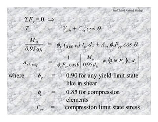 Prof. Zahid Ahmad Siddiqi
SFx = 0 Þ
Tu = Vab + Cst cos q
= fn (0.60 Fy) tw dc + Ast fcFcr cos q
b
u
d95.0
M
Ast, req = ( ) ú
û
ù
ê
ë
é
- cwy
b
u
crc
dtF
d
M
F
60.0
95.0cos
1
nf
qf
where fn = 0.90 for any yield limit state
like in shear
fc = 0.85 for compression
elements
Fcr = compression limit state stress
 
